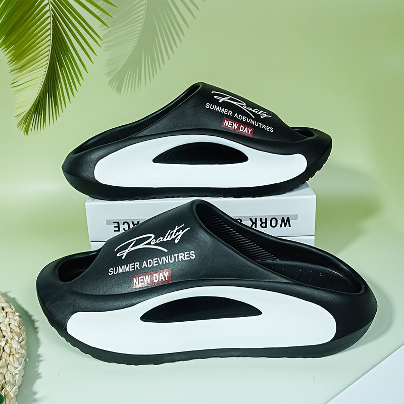 Men's Lightweight EVA Slides Non-Slip Casual Indoor Outdoor Two-Tone Letter Print All-Season Footwear