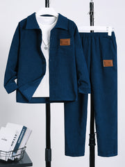 Kids Boys Navy Blue Corduroy Two-Piece Set with Shirt and Pants