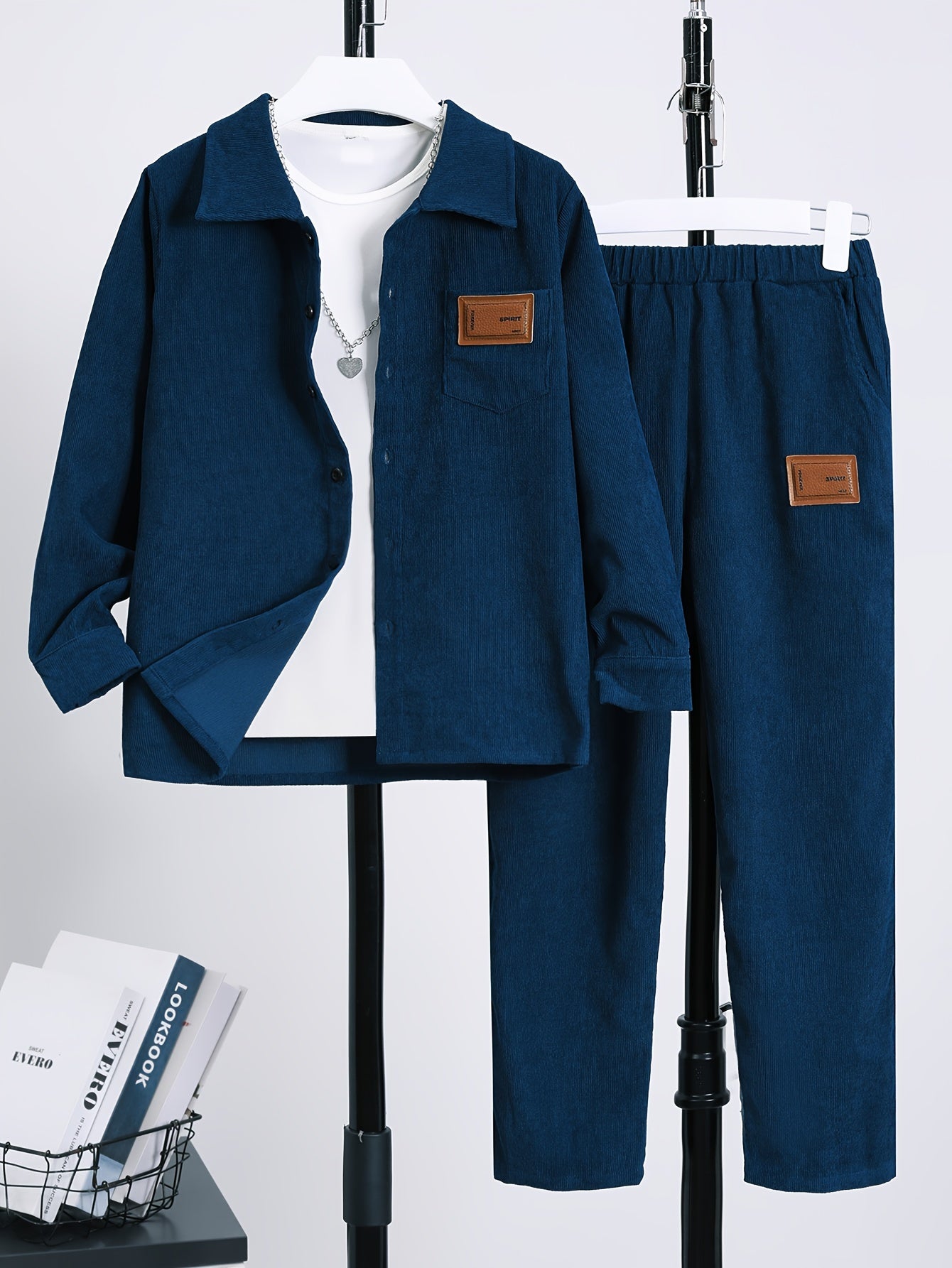 Kids Boys Navy Blue Corduroy Two-Piece Set with Shirt and Pants