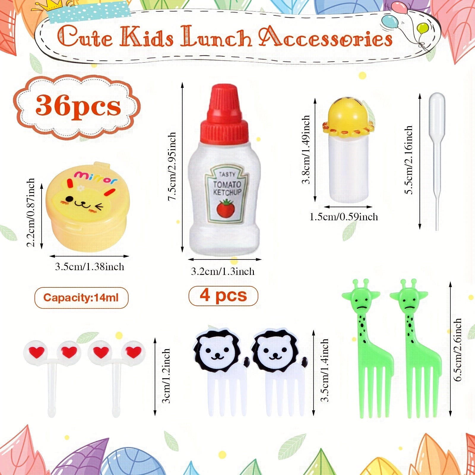 38-Piece Kids Lunch Accessories Set with Animal and Fruit Fork Picks Salad Dressing Squeeze Bottles Bento Box Decorations