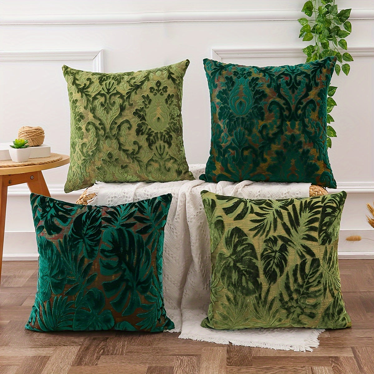 Set of Two Tropical Plant Polyester Chenille Jacquard Throw Pillow Covers for Living Room Decor
