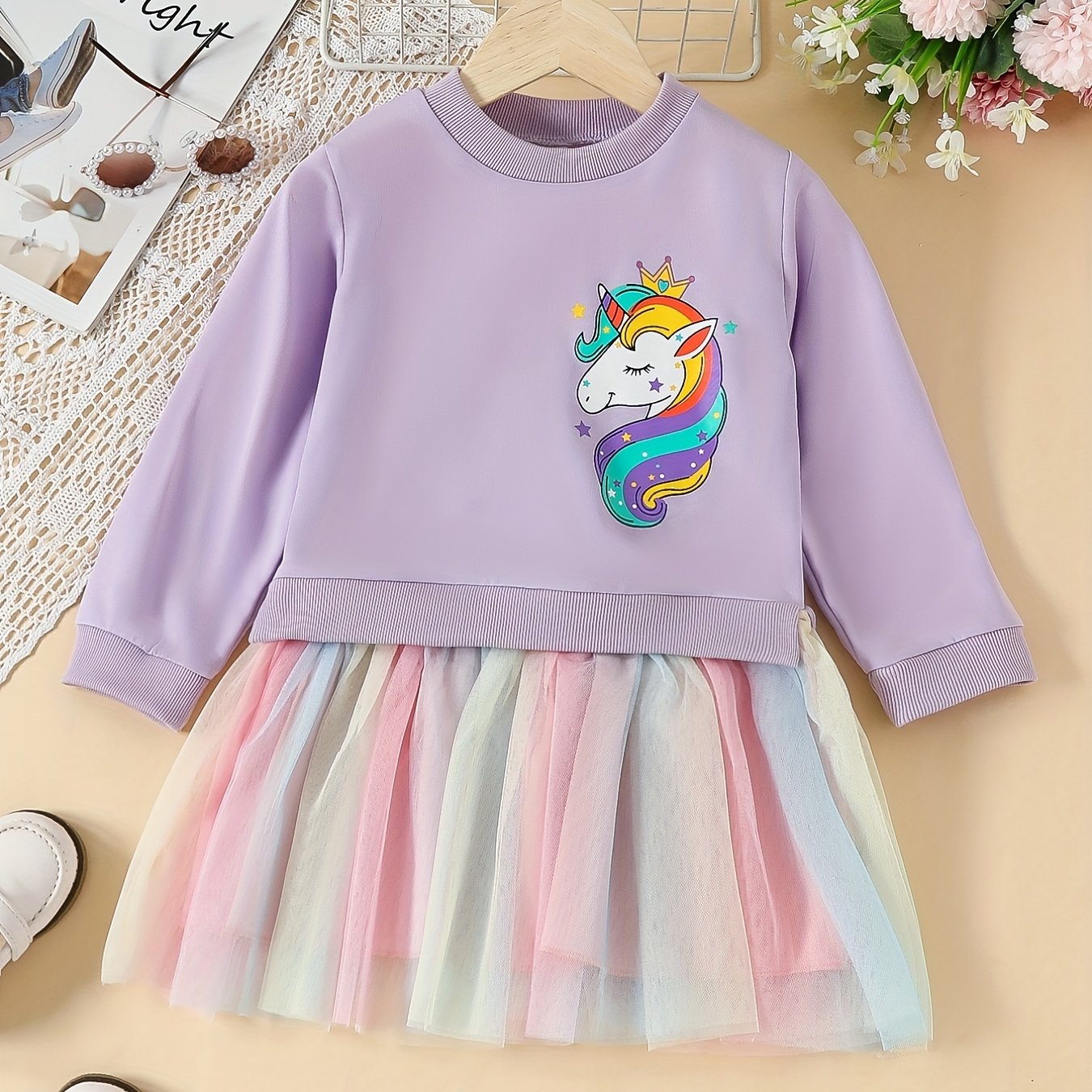 Girls Rainbow Tutu Dress with Unicorn Print Long Sleeve Midi Autumn Spring