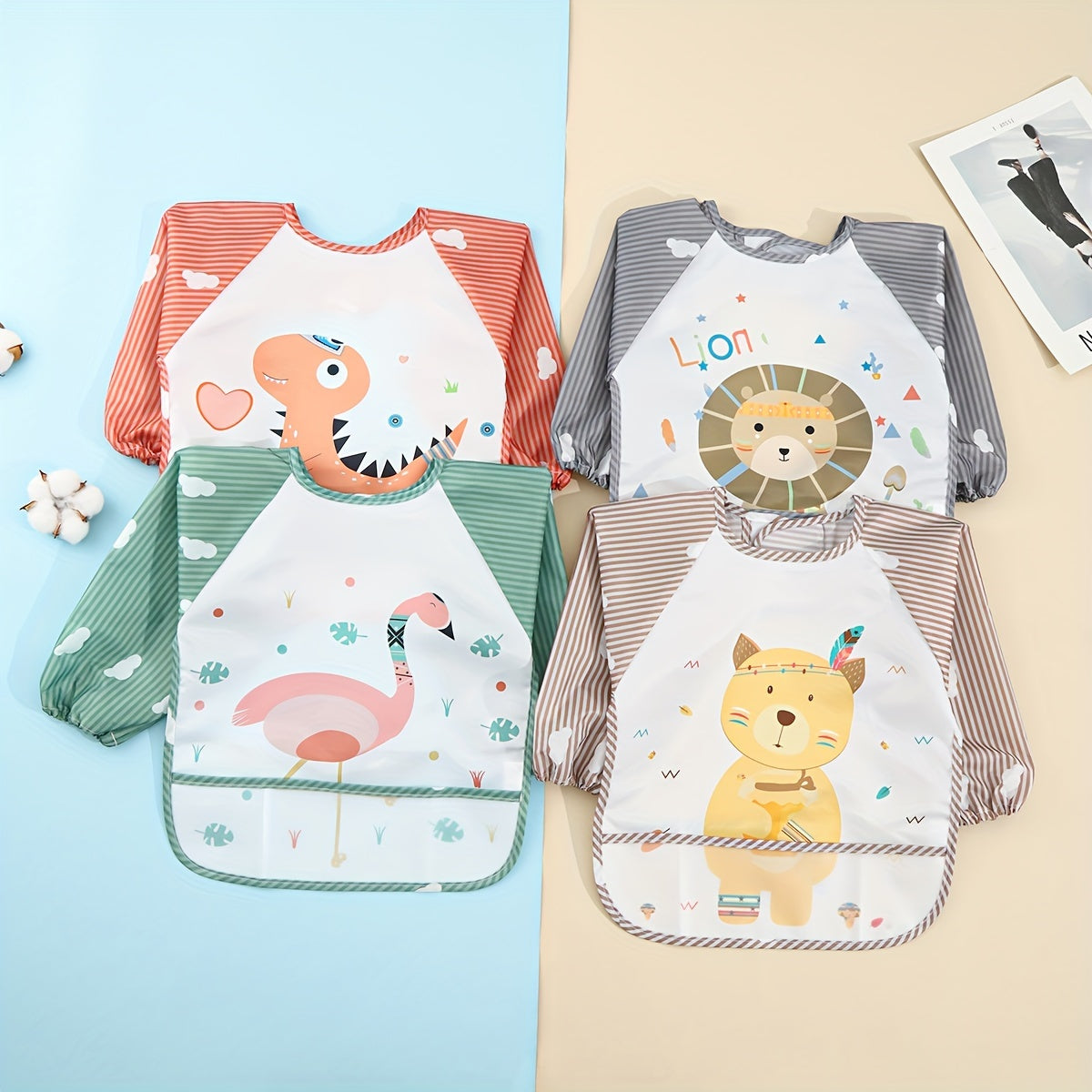 Baby Bib with Waterproof Long Sleeves, Reversible, Cartoon Design for Infants