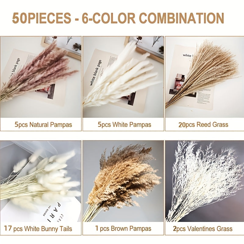 Boho Chic sun'iy Pampas o'ti bezak to'plami, 50 ta sun'iy gul va barglar, uy, yotoqxona, sinf uchun