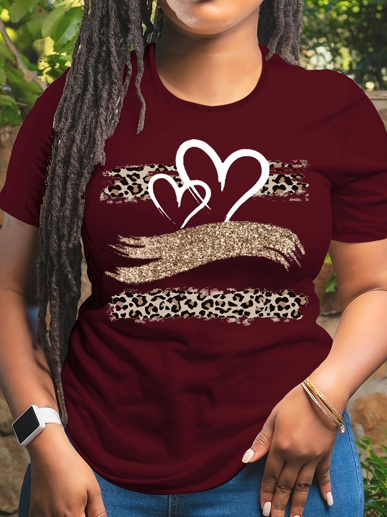 Plus Size Heart Print T-Shirt Women's Casual Short Sleeve Top