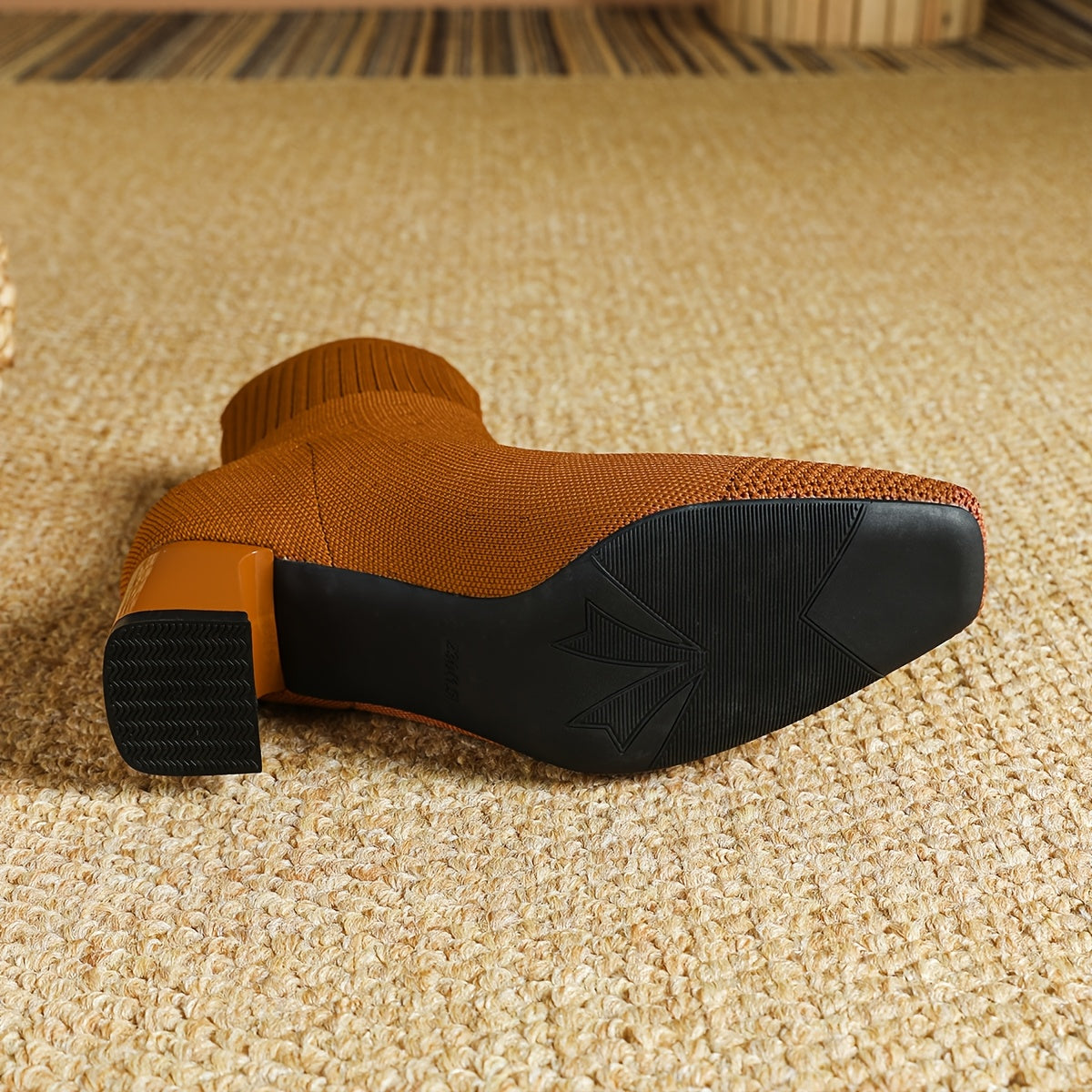 Women's Fabric Square Toe Ankle Boots Casual Slip-On High Heel Mid-Calf Shoes