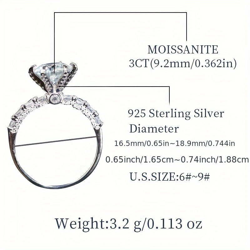 Sterling Silver 6-Claw Moissanite Engagement Ring 3ct with Certificate