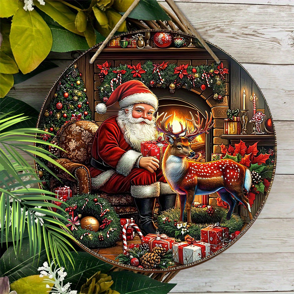 Cartel de decoración navideña de madera con Santa Claus y renos para decoración navideña en interior y exterior