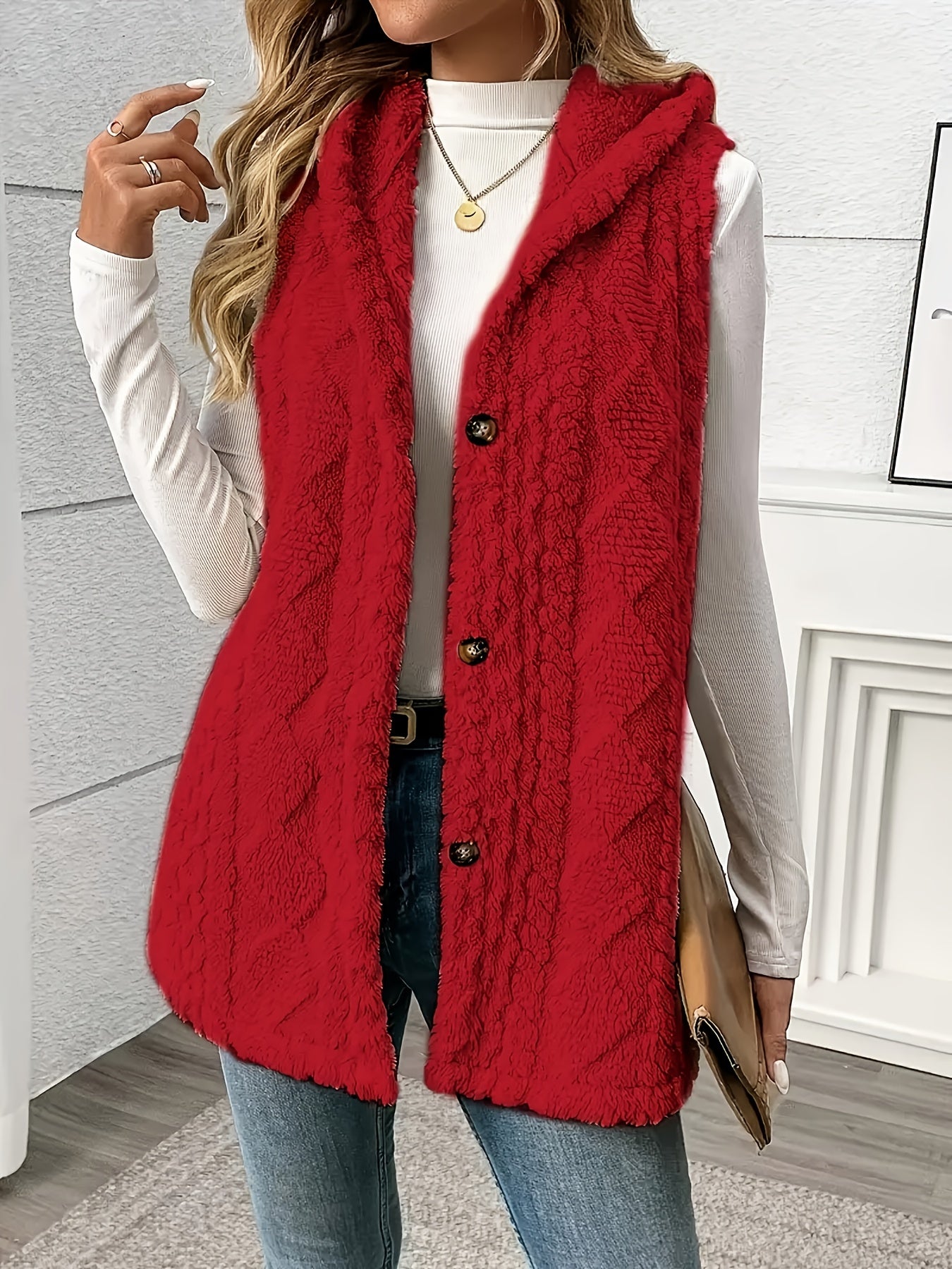 Women's Sleeveless Hooded Vest Solid Color Plush Texture Button Fall Winter Knit Fabric