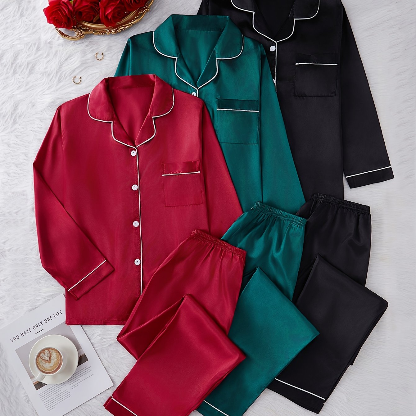 Conjunto de pijama de otoño e invierno para mujer con cárdigan colorido y pantalones de manga larga