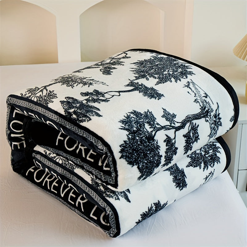Black and White Floral Flannel Throw Blanket with Lace Embellishments All-Season Hypoallergenic Machine Washable