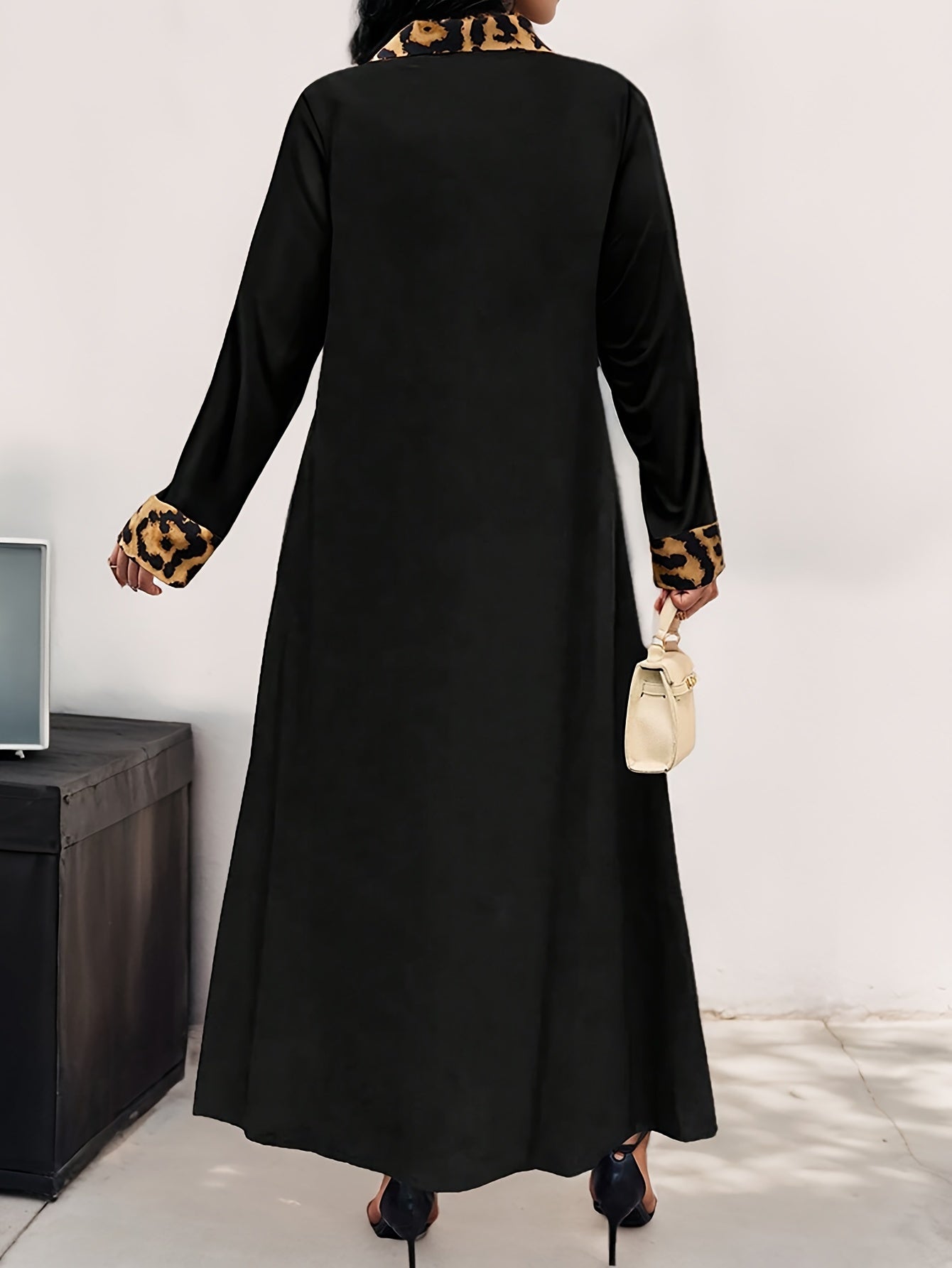 Plus Size Long Dress with Leopard Print Trim and Regular Sleeves for Women