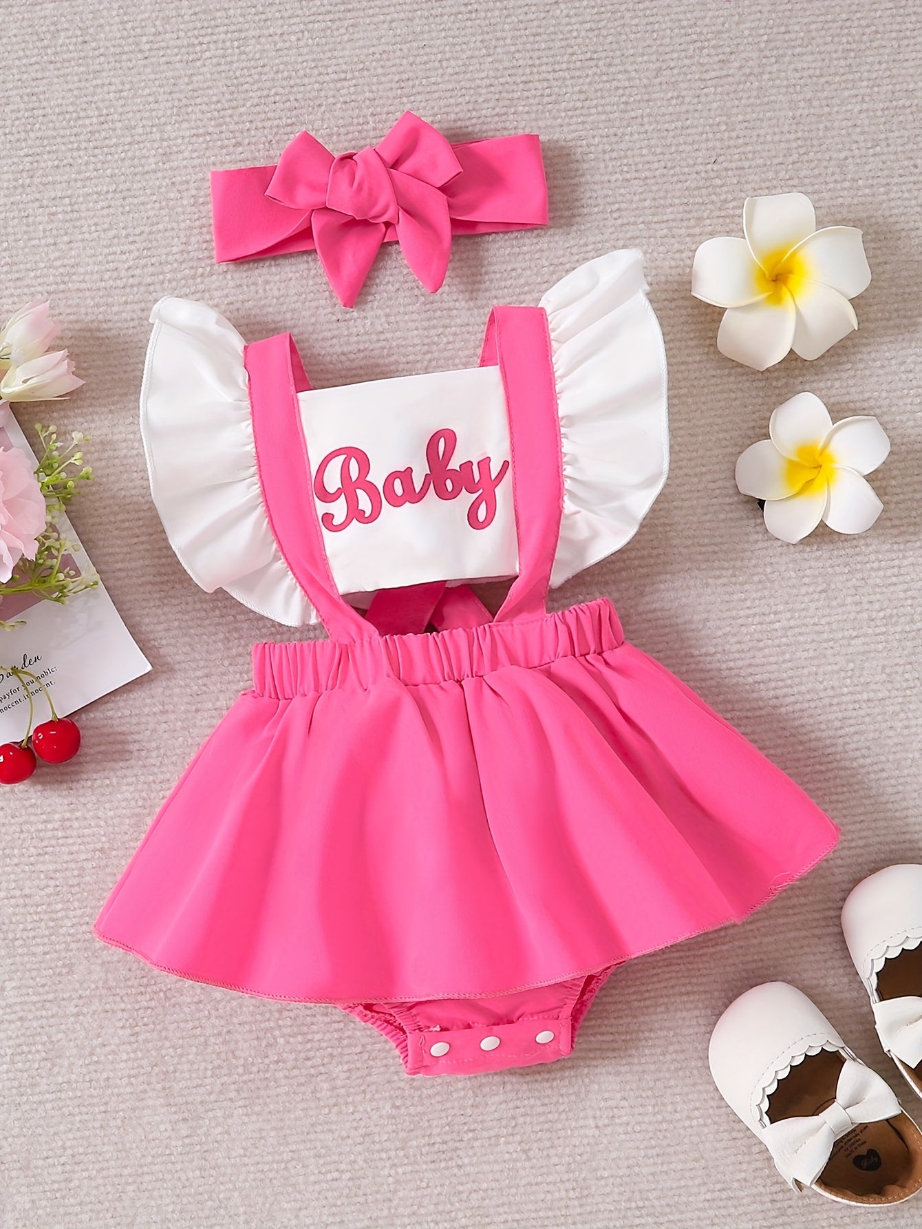 Baby Girl Romper Dress with Color Contrast Letter Print and Flying Sleeves for 0-3 Years