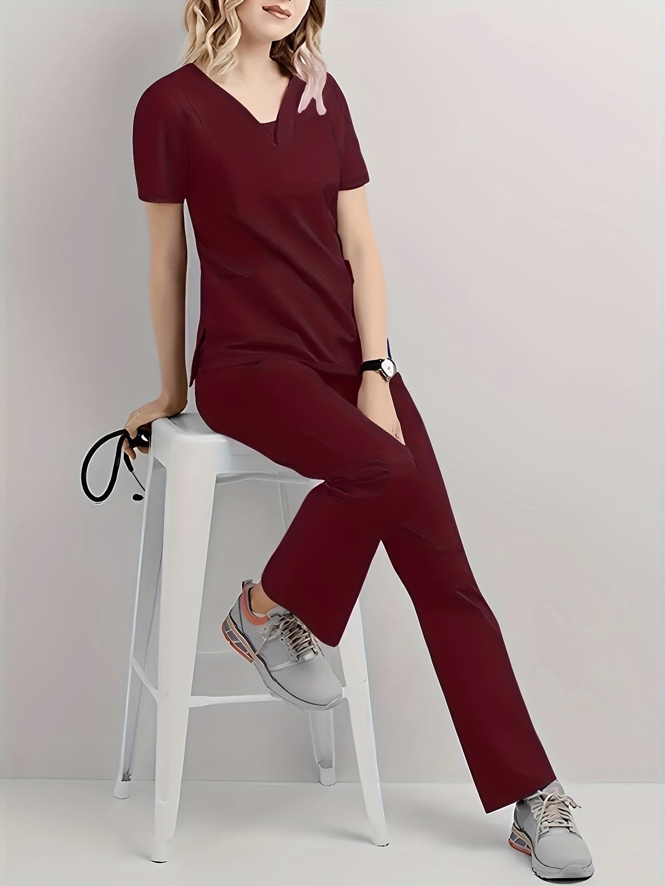 Women's Red V-Neck Scrub Set Short Sleeve Polyester Blend with Pockets