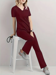 Women's Red V-Neck Scrub Set Short Sleeve Polyester Blend with Pockets