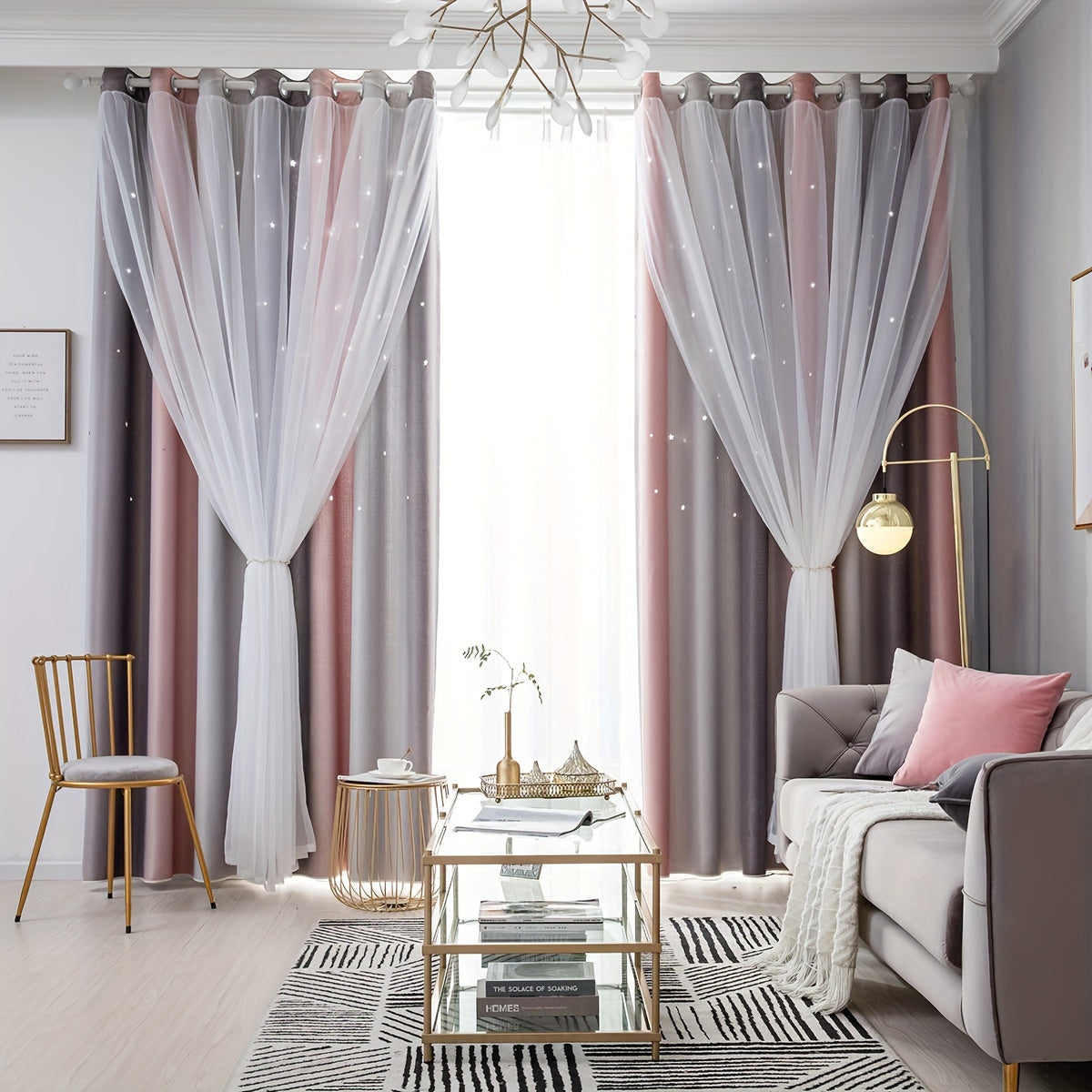 Gradient Blackout Curtains for Bedroom and Living Room Star Pattern Window Drapes