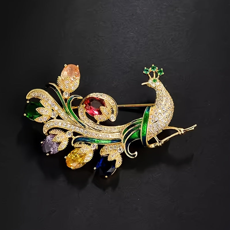 Vintage Peacock Brooch Pin Rhinestone Animal Lapel Pin for Coats and Suits
