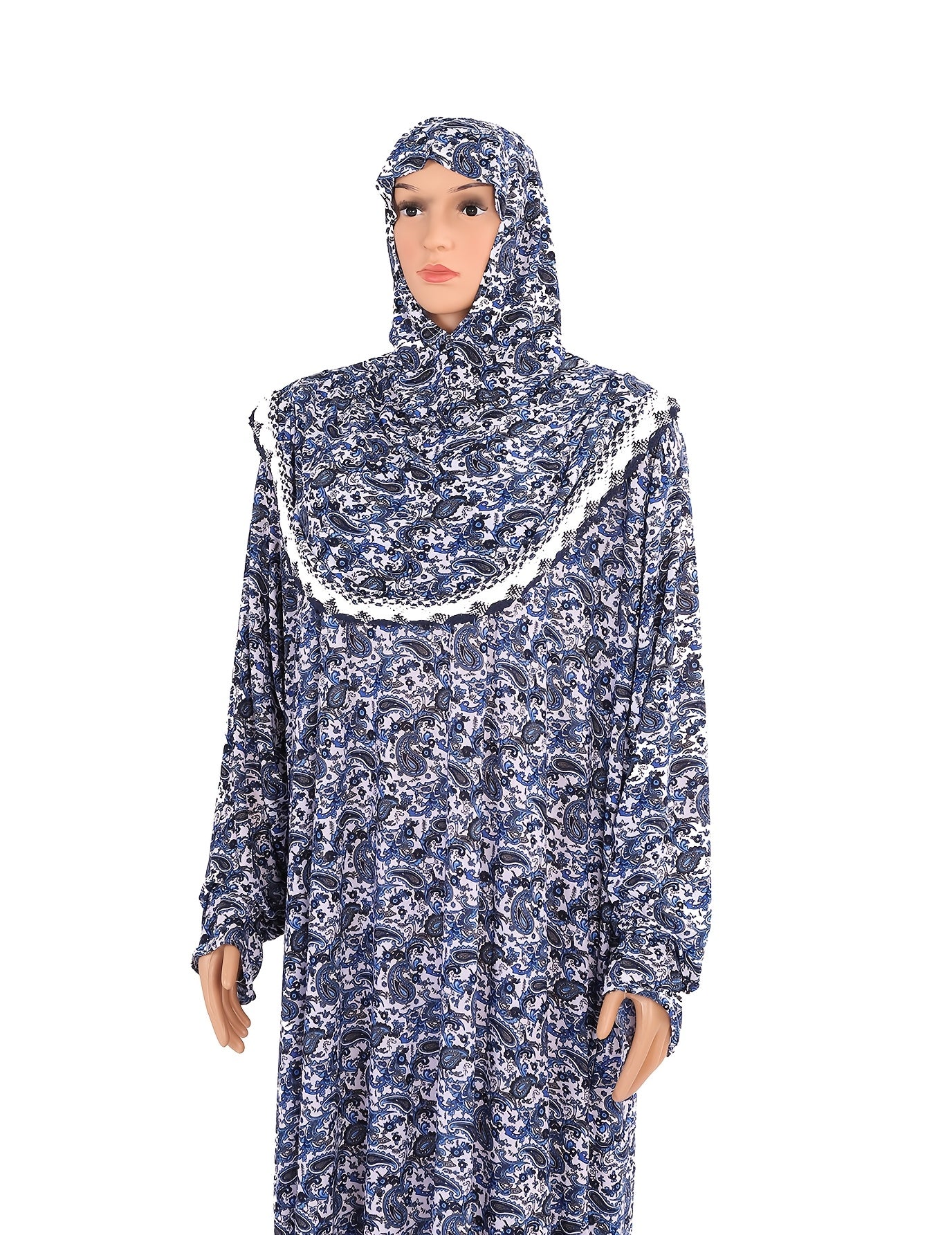 Plus Size Muslim Abaya Long Robe Floral Print Stretchy Fabric Ruffle