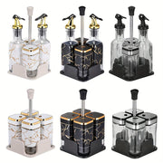 Glass Oil and Vinegar Dispenser Set with Salt and Pepper Shakers and Marble Stand