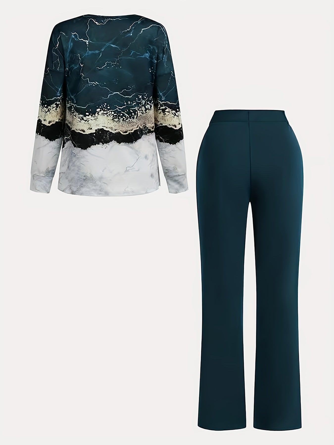 Conjunto de dos piezas de mujer con top de manga larga y escote en V con teñido en lazo y pantalones de pierna ancha