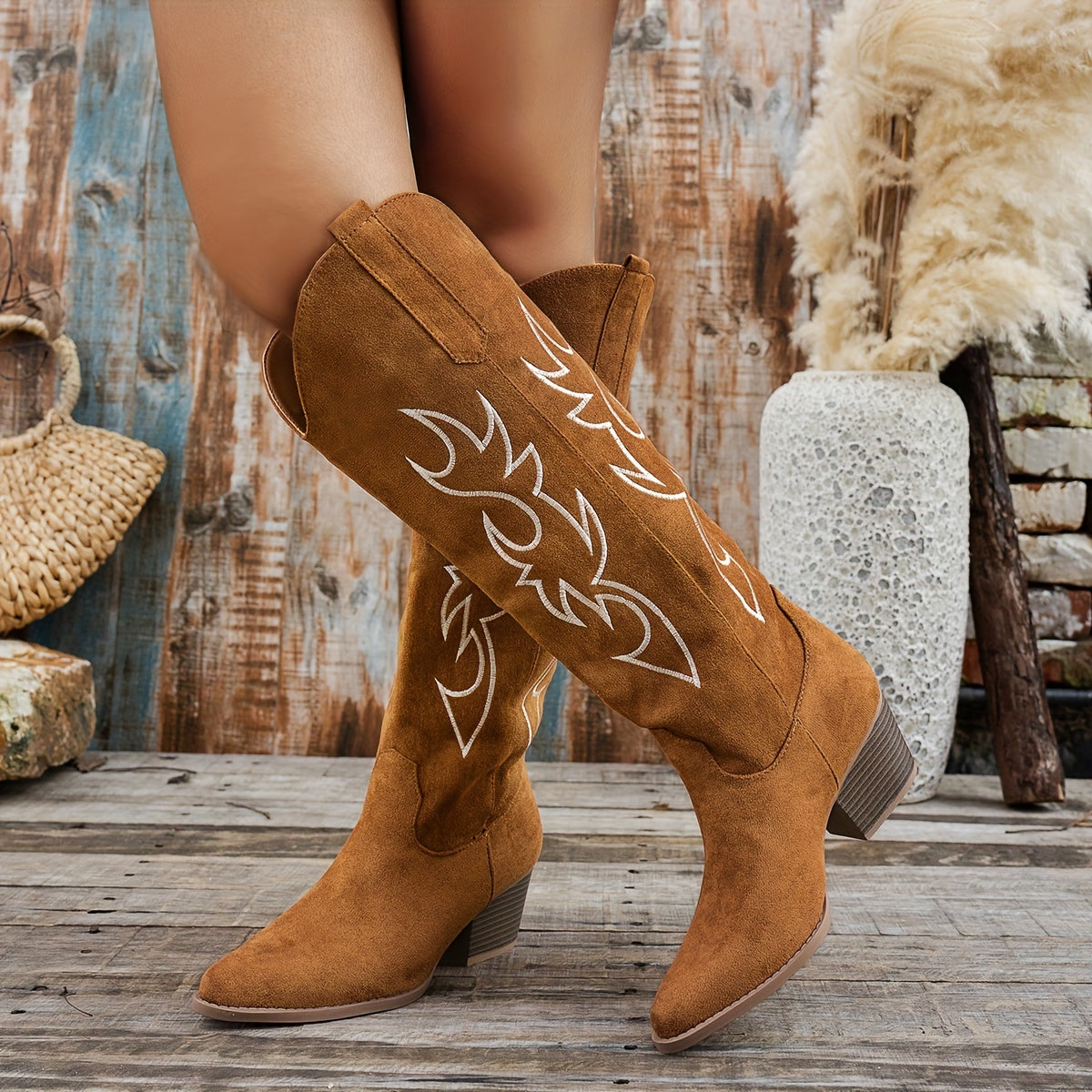 Women's Vintage Western Cowboy Boots Slip-On Embroidered Floral Leather