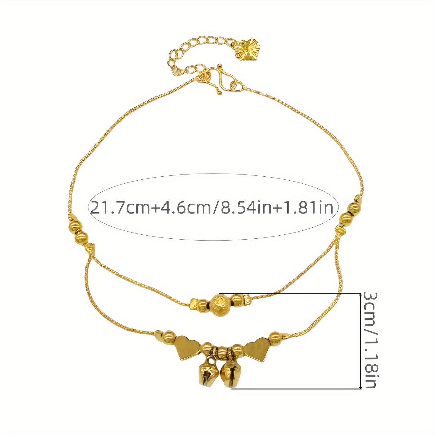 Gold Plated Double Strand Anklet for Women with Heart Charms and Bells