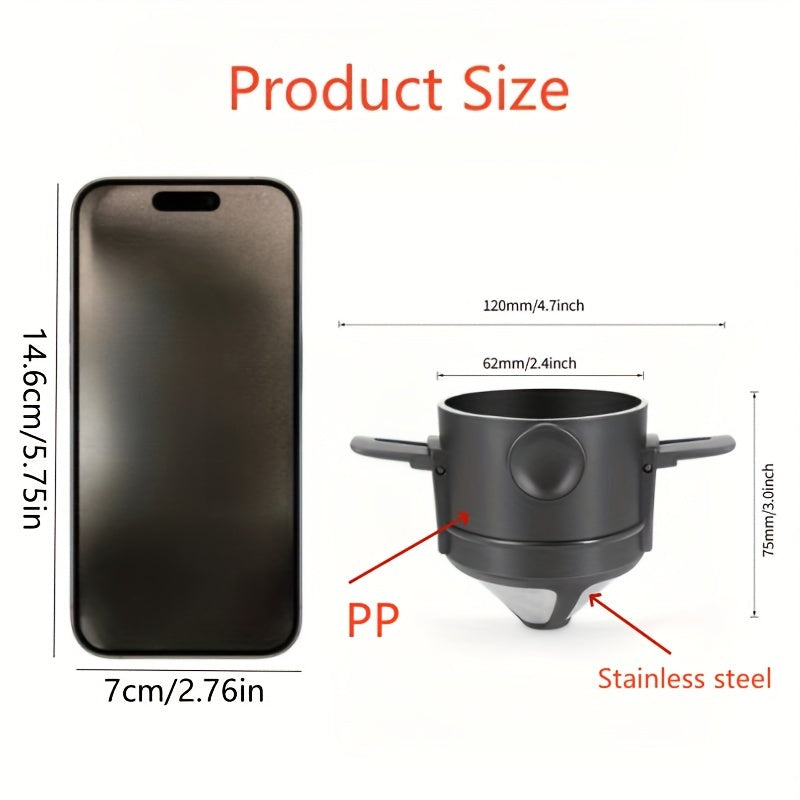 Portativ zanglamaydigan po'latdan yasalgan qahva filtrining kubogi, quloq tutqich bilan oson osish uchun yig'iladigan