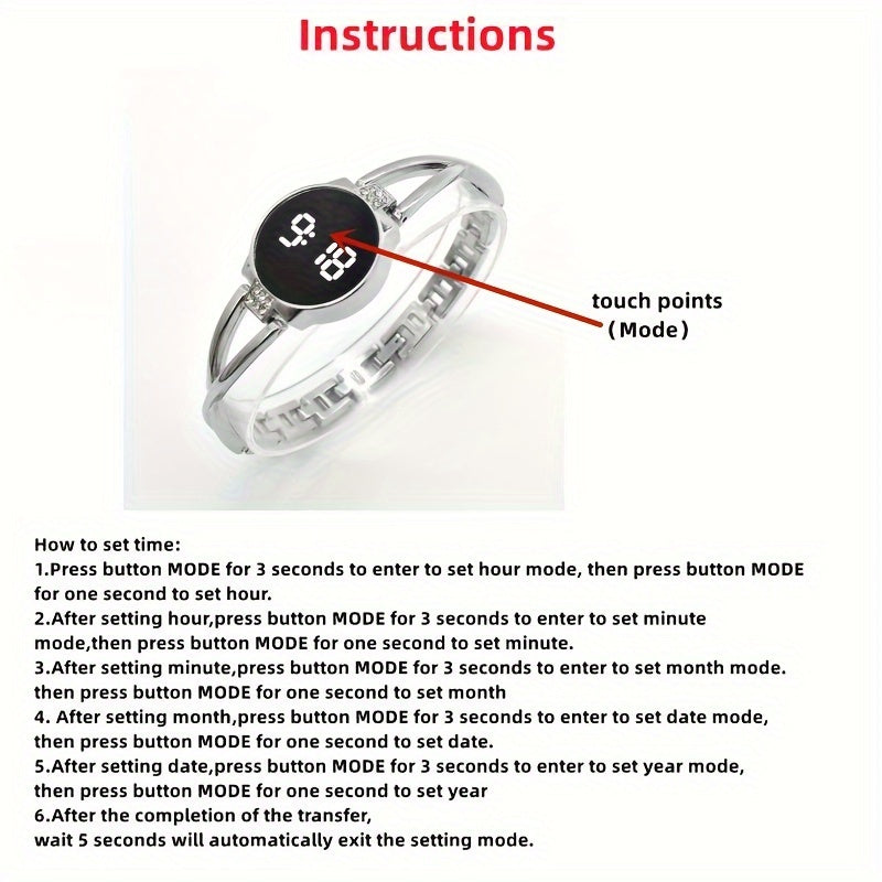 Ayollar uchun LED sensorli ekran po'lat bangle soat zamonaviy moda uslubiga mos