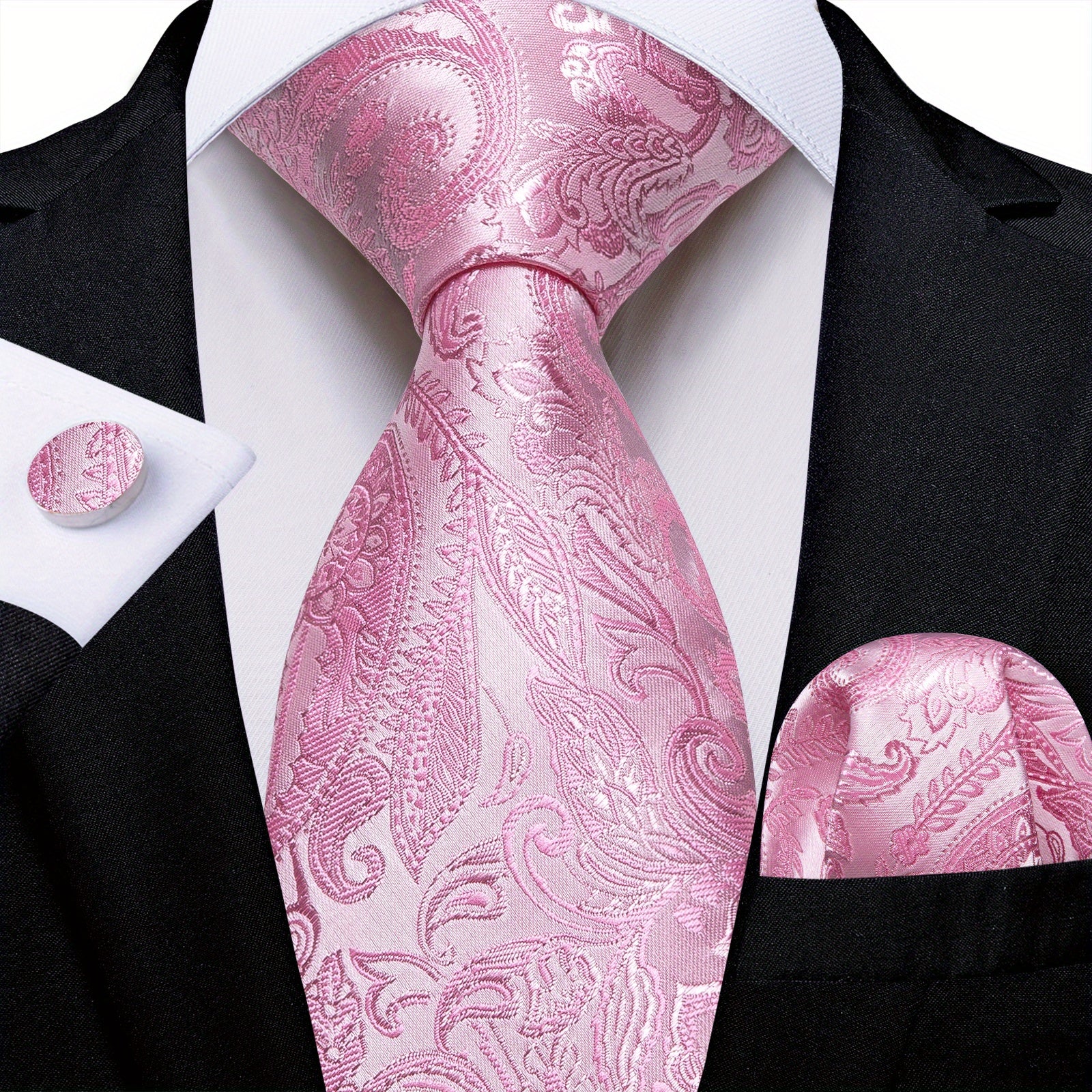 Stylish Men's Pink Patterned Tie Set with Pocket Square, Hanky, and Cufflinks - Perfect for Weddings or as a Gift