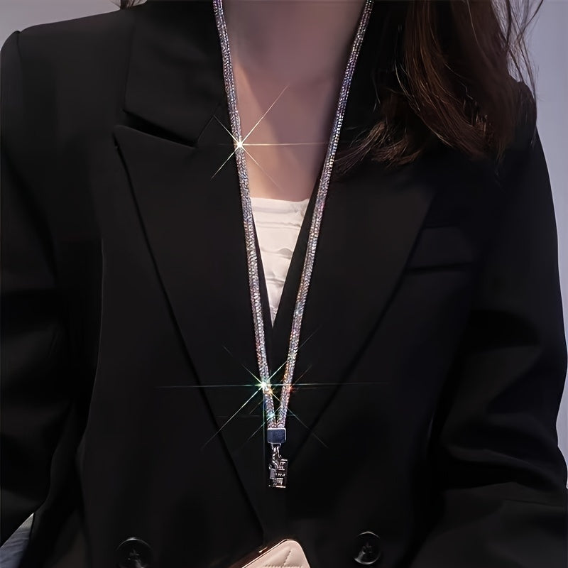 Chic Crystal Necklace Phone Holder for Women with Keychain Black Lanyard