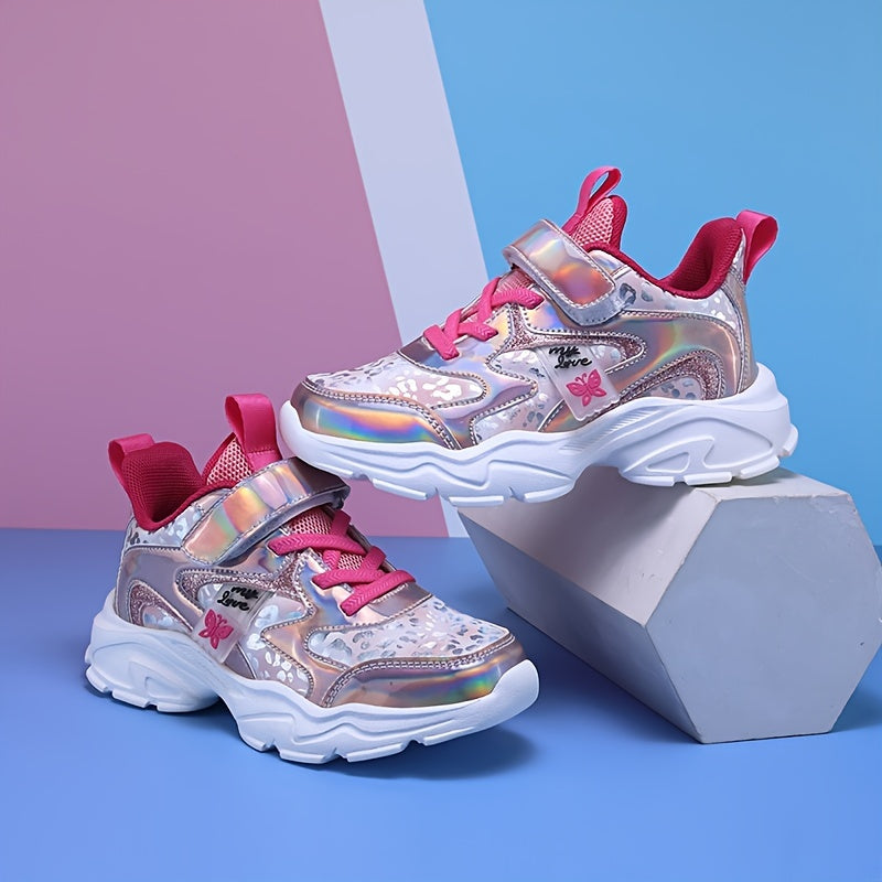 Girls' Casual Sports Shoes for Kids Lightweight Canvas Sneakers with Glitter and Cartoon Pattern