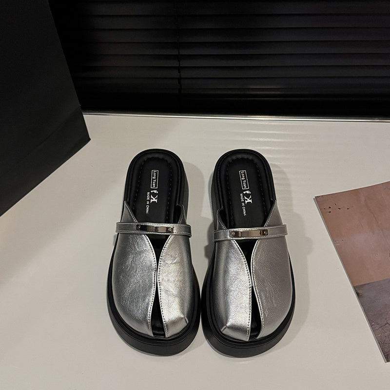 Women's Casual Mules Leather Elegant Flat Shoes Comfortable Black