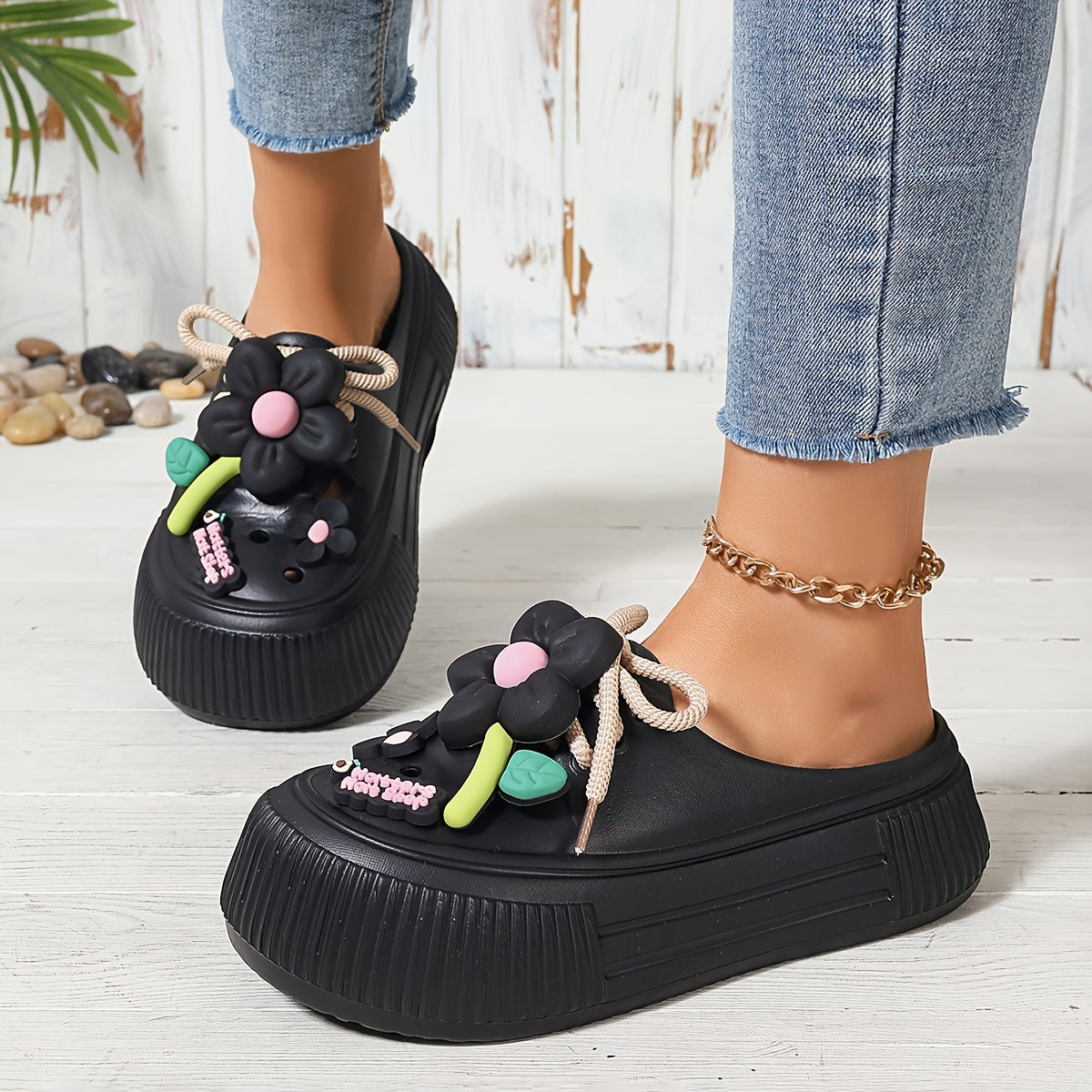 Women's Casual Flower Pattern EVA Mules, Sunflower Design, Flat Heel