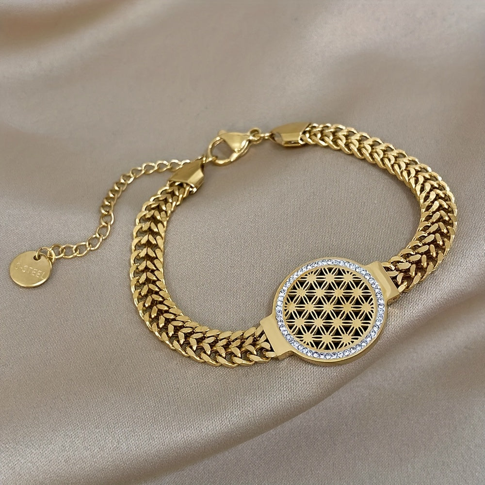 Hollow Gold-Plated Stainless Steel Bracelet with Rhinestones for Women