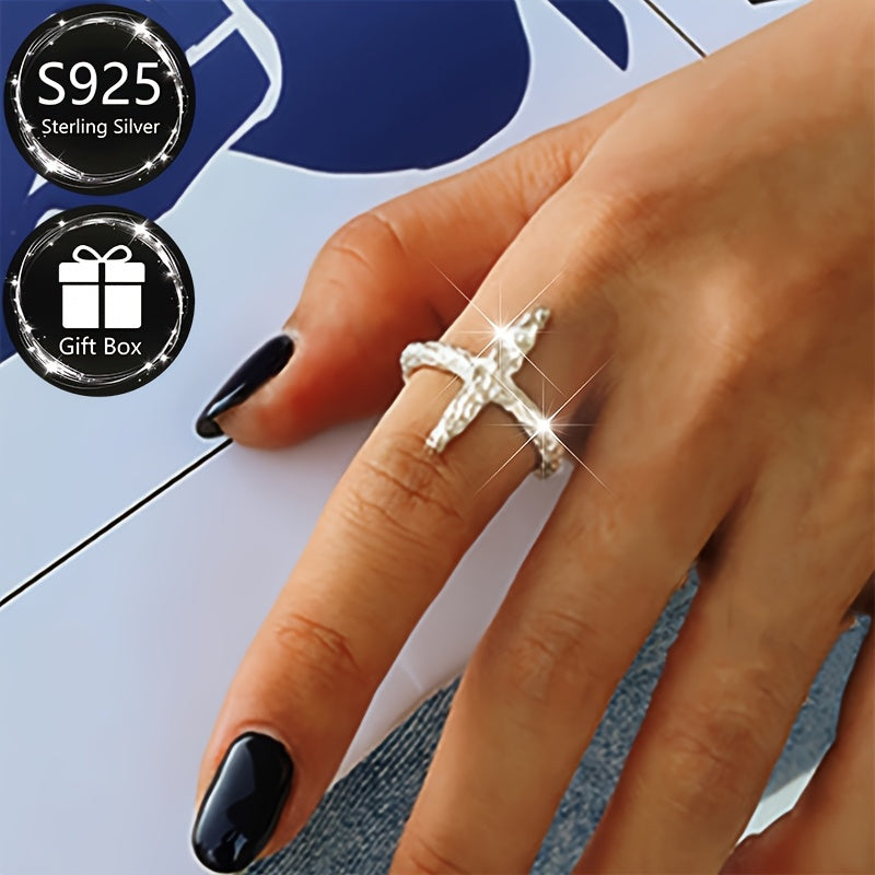 Sterling Silver Adjustable Open Cross Ring Textured Folding Pattern Unisex Jewelry