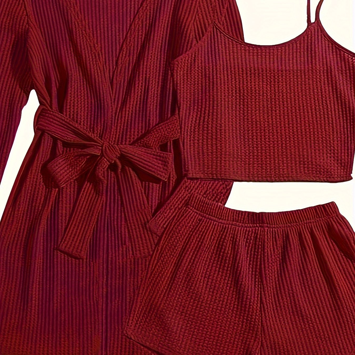 Women's Waffle Lounge Set with Robe, Crop Top, Shorts for Summer Home Wear