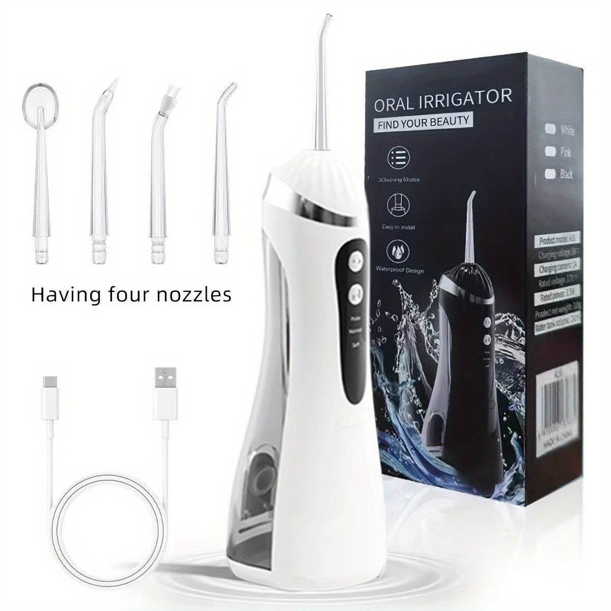 Rechargeable Electric Dental Flosser with 4 Nozzles 3 Modes Large Water Tank High Pressure