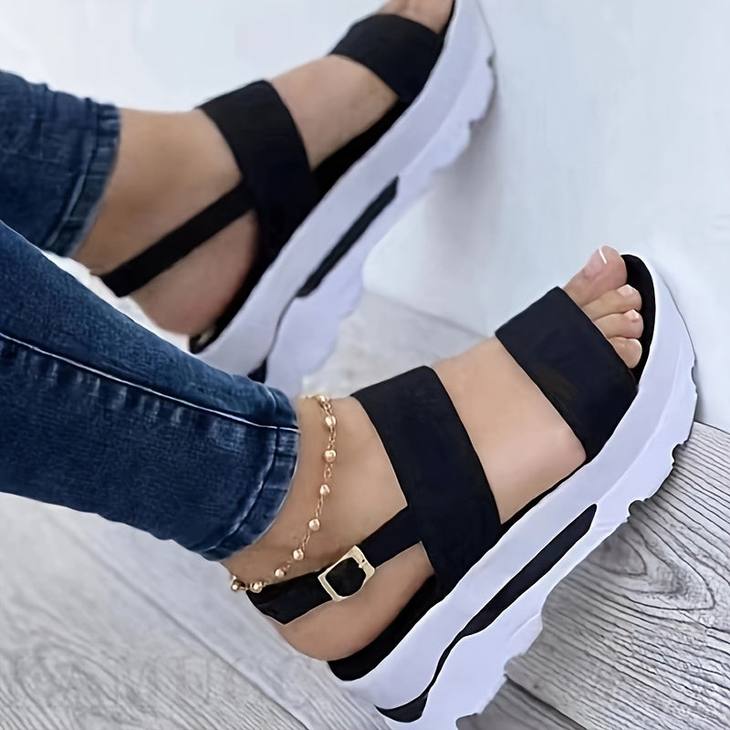 Women's Platform Sandals Low Heel Buckle Open Toe All-Season Casual