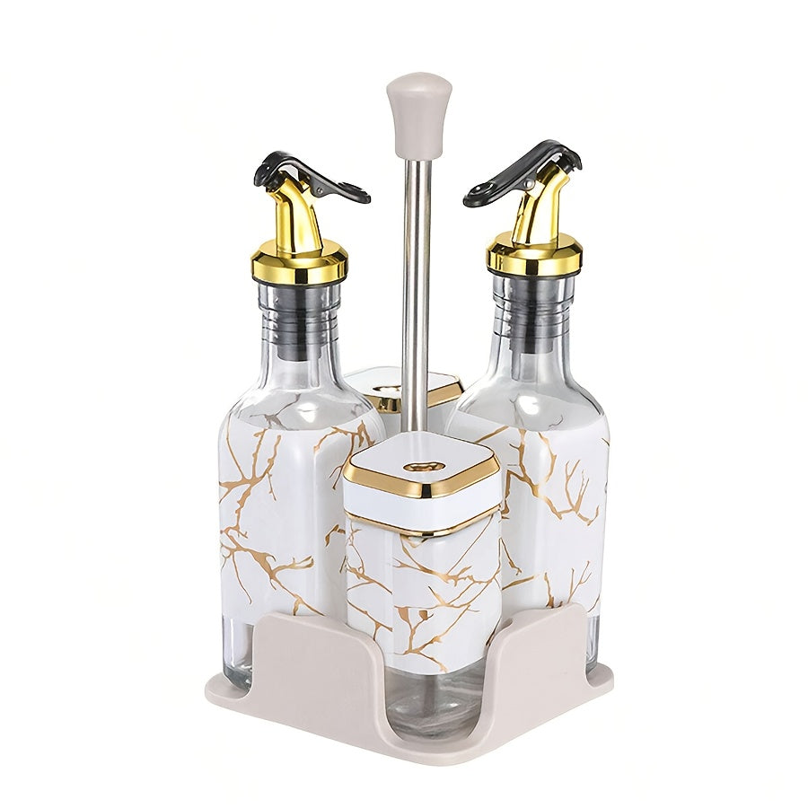 Glass Oil and Vinegar Dispenser Set with Salt and Pepper Shakers and Marble Stand