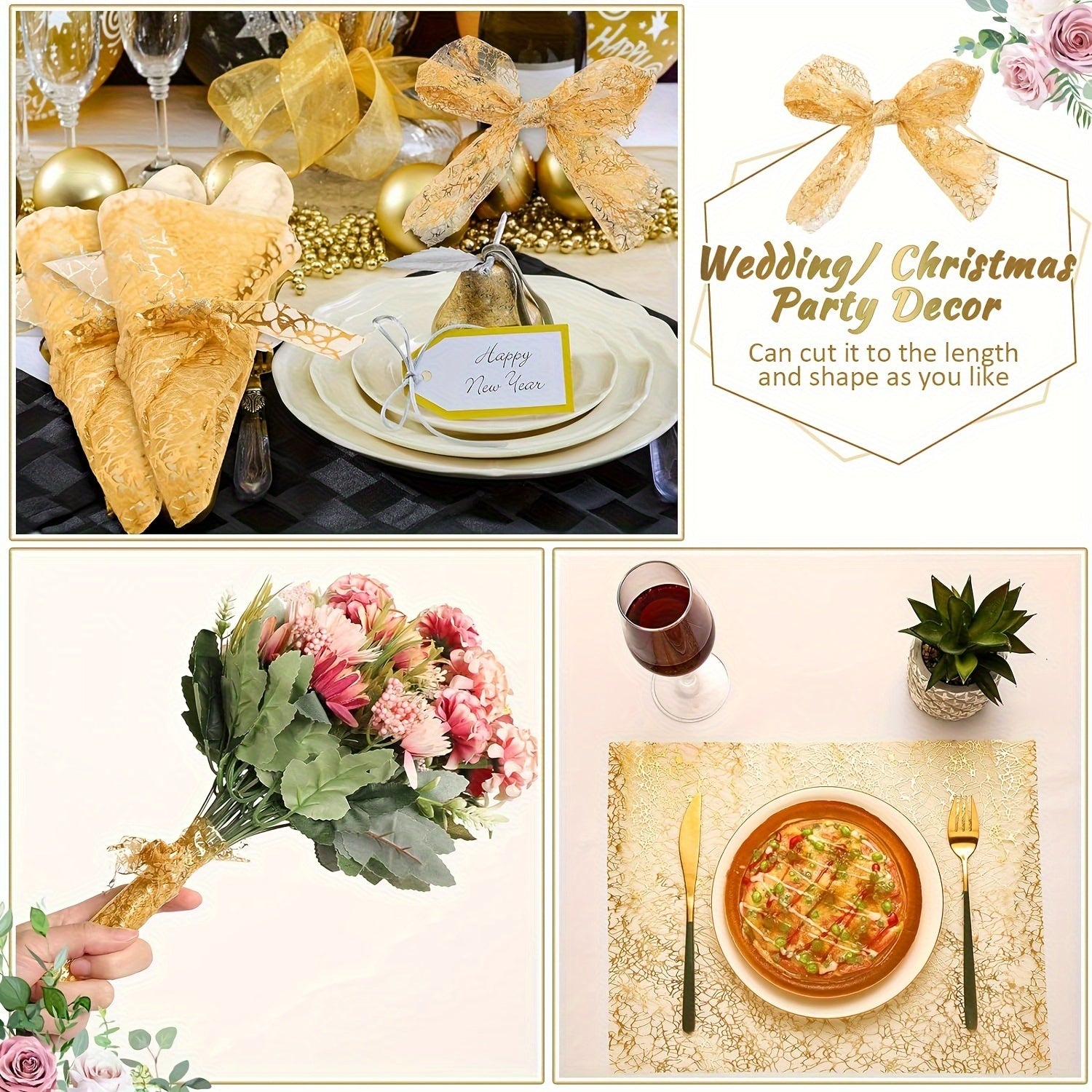 Golden Glitter Metal Foil Mesh Table Runner for Weddings Parties and Home Decor