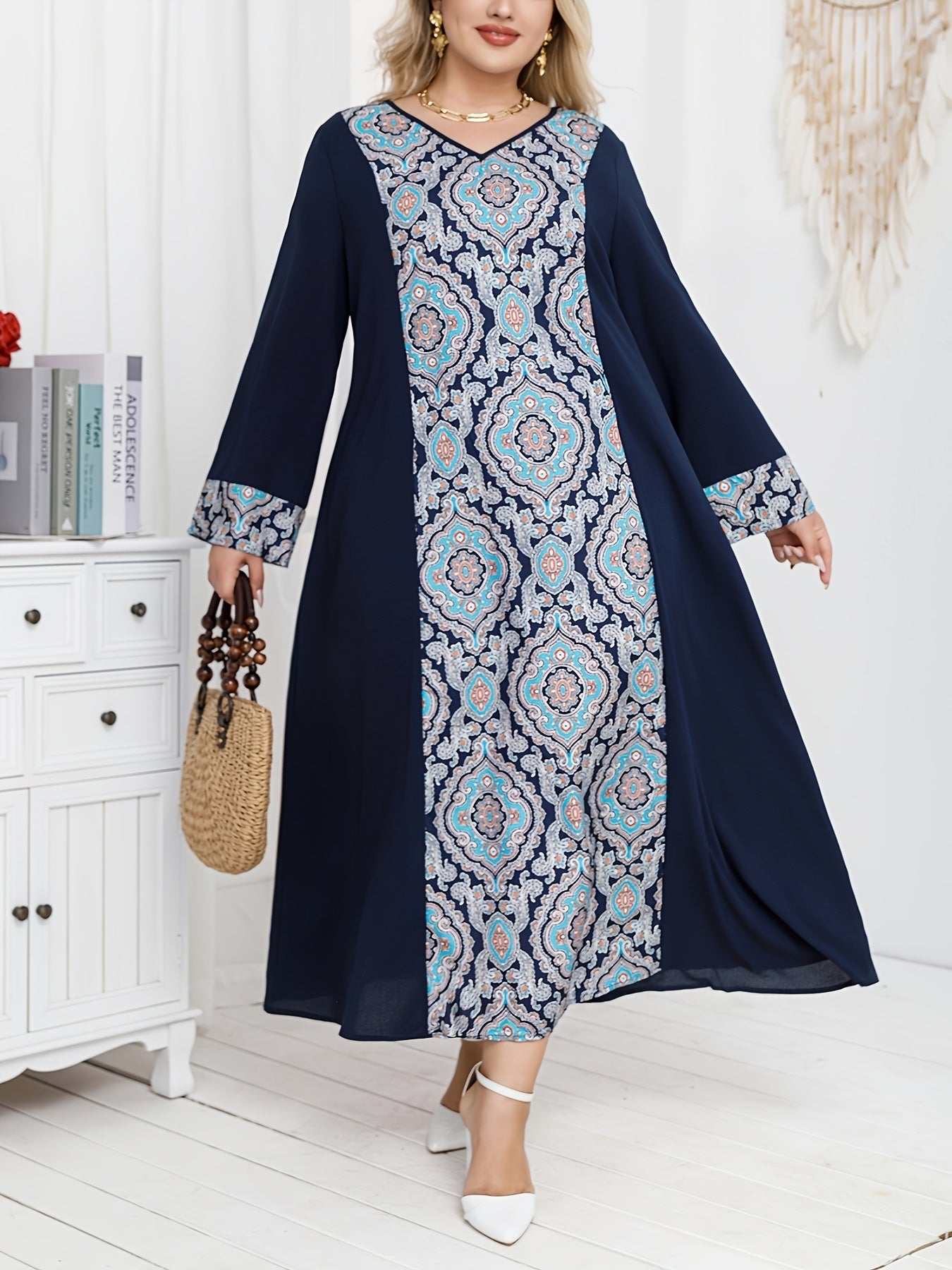 Women's Plus Size Vintage Print Patchwork Dress For Middle East Fashion