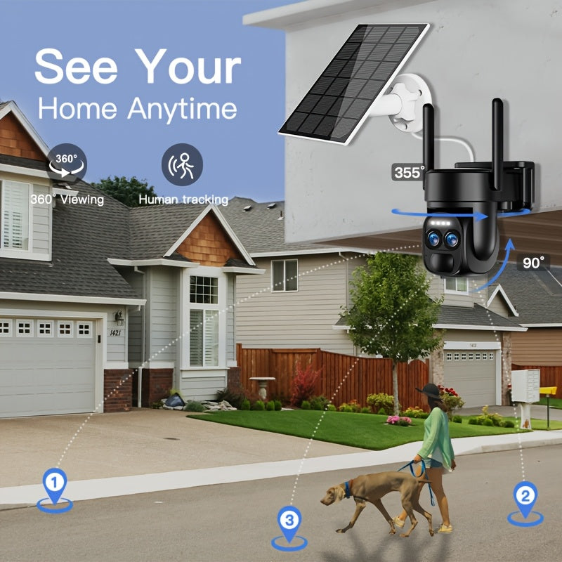 Solar Security Camera with Dual-Lens 8X Zoom 360° Pan-Tilt Weatherproof Outdoor Surveillance