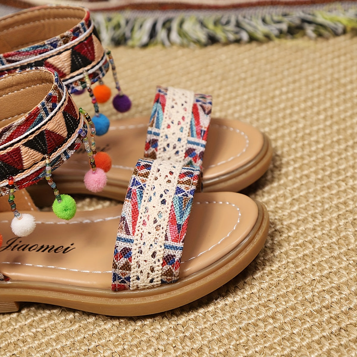 Girls' Open-Toe Beaded Sandals with Geometric Patterns for Summer Casual and Beach Wear
