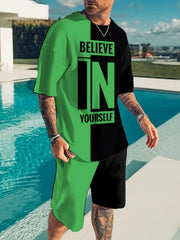 Plus Size Men's Casual Polyester T-Shirt and Shorts Set with Print Pattern