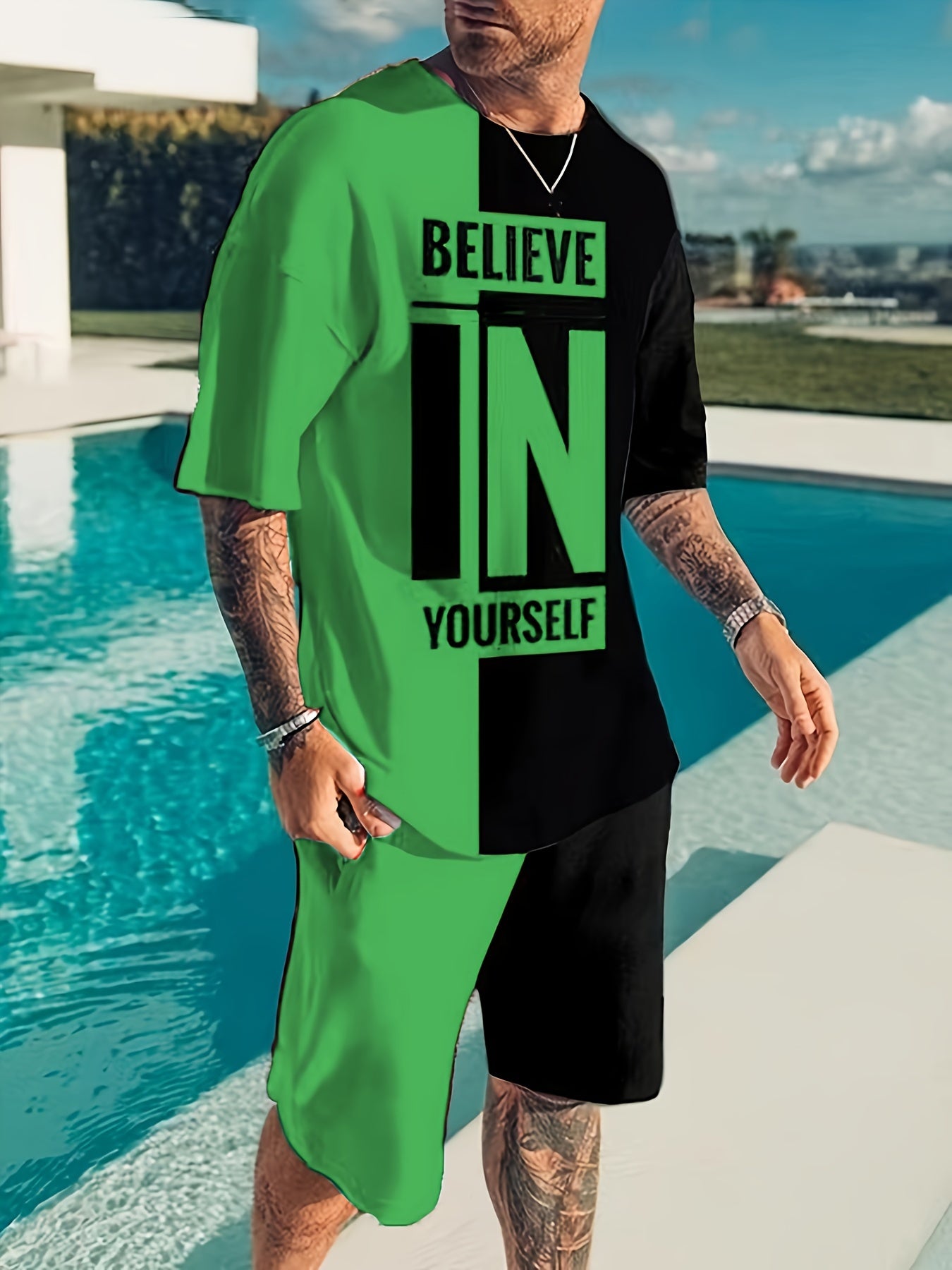 Plus Size Men's Casual Polyester T-Shirt and Shorts Set with Print Pattern