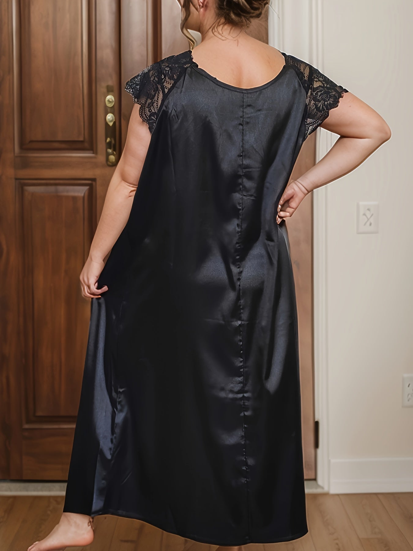 Plus Size Black Lace Trim V-Neck Nightdress for Sleep and Lounge