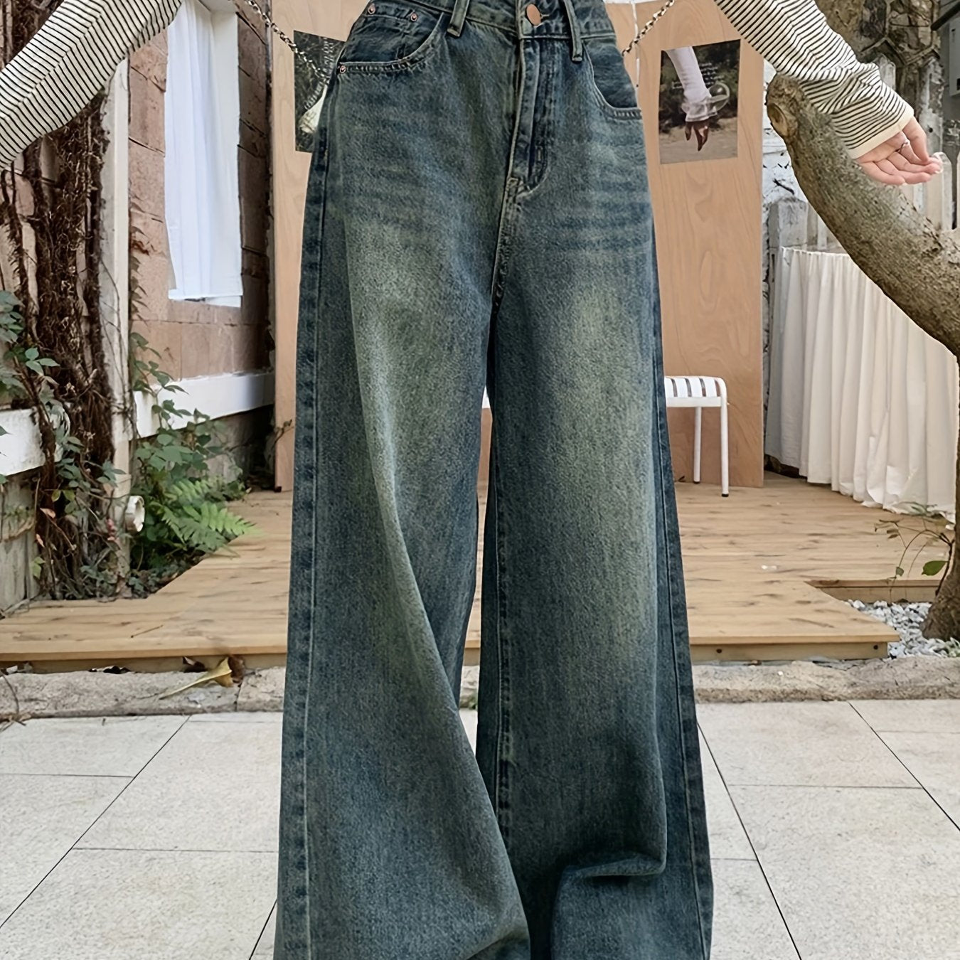 Jeans de mezclilla de tiro alto y pierna ancha para mujer, casual, de color sólido, sin elasticidad, con cierre de cremallera, para todas las estaciones