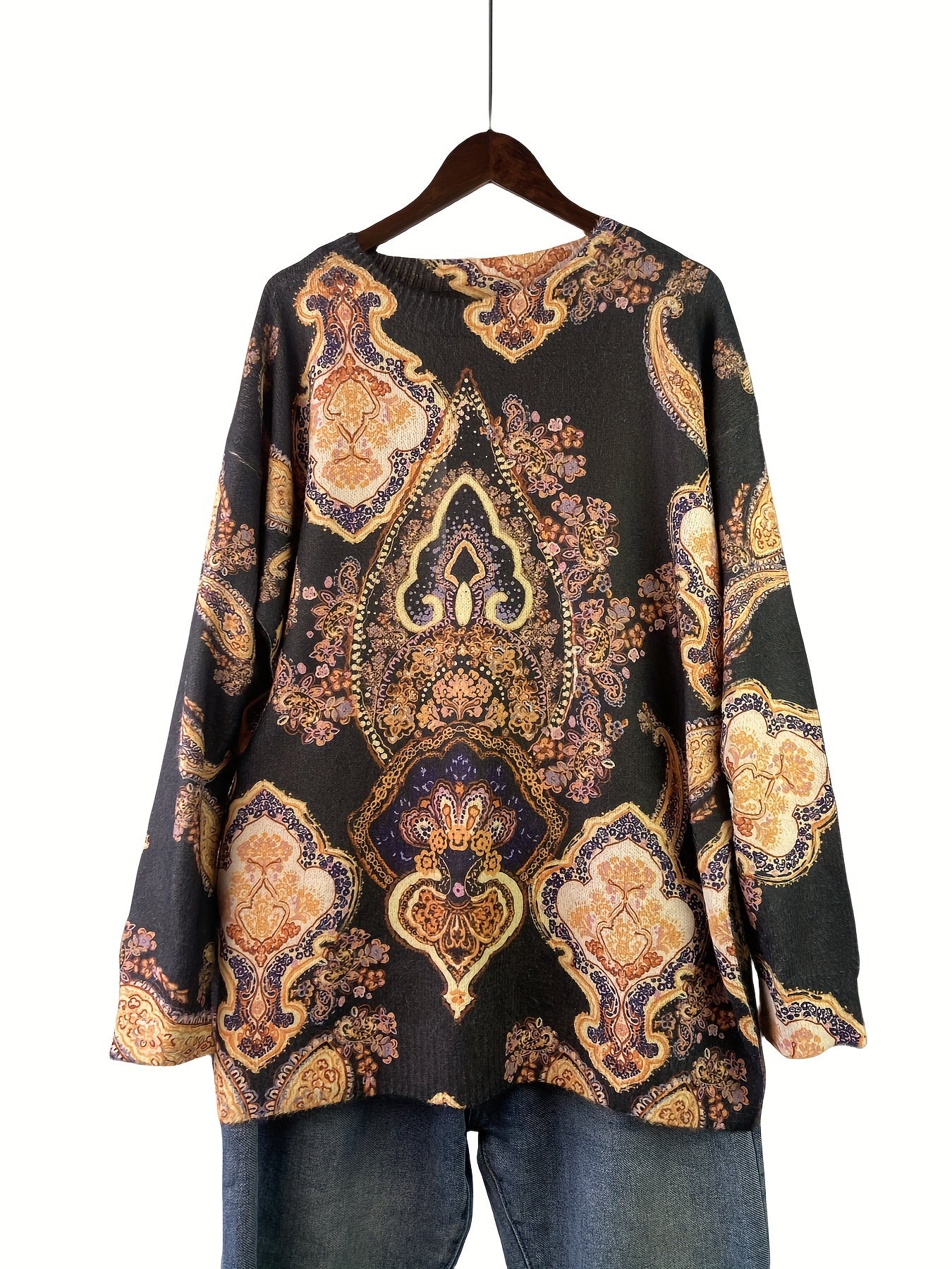 Gul naqshli katta o'lchamdagi sviter kuz va qish uchun, ayollar uchun tasodifiy uzun qo'lqopli krujka uslubi