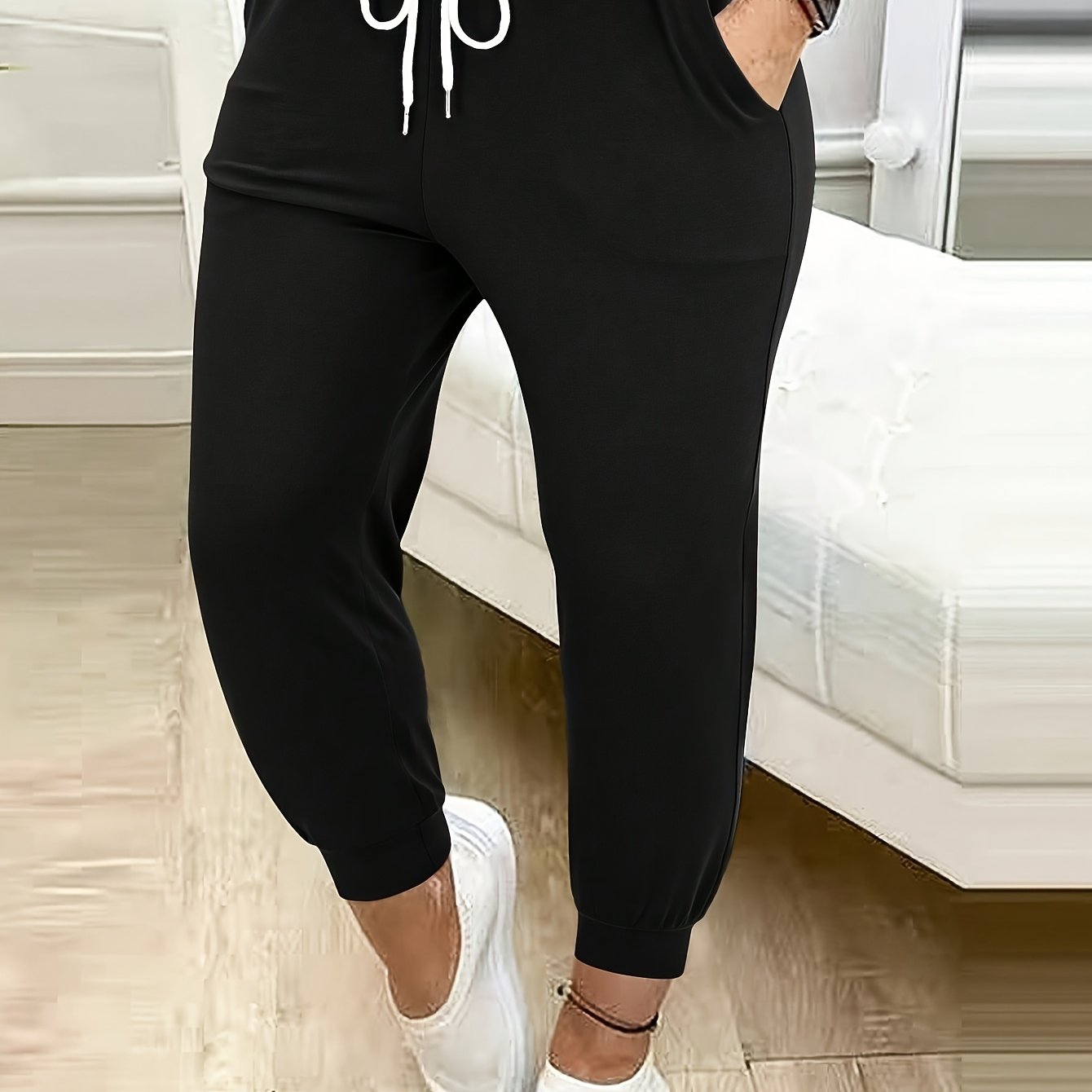 Plus Size Women's High-Elasticity Solid Color Capri Pants with Drawstring Waist