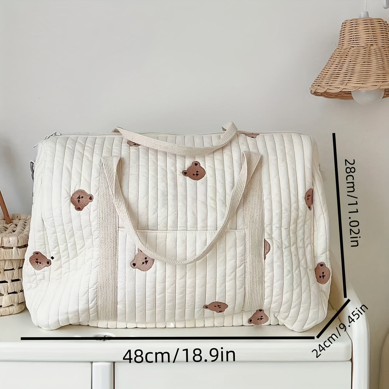 Quilted Diaper Bag for Moms with Bear Embroidery Lightweight Polyester Multiple Compartments